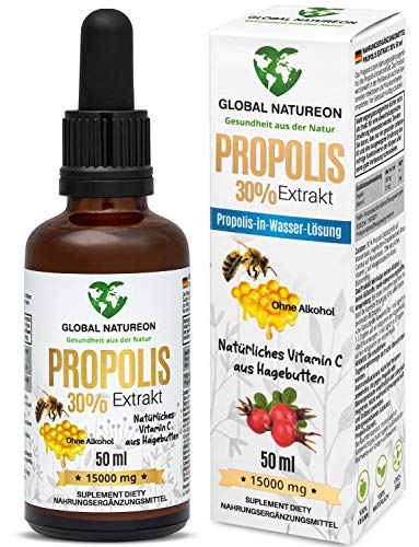 Propolis-in-Wasser-Lösung Extrakt 30% ohne Alkohol (50 ml) Tinktur für Kinder & Tiere geeignet, natürliches Vitamin C aus Hagebutten, Polyphenolen, Flavonoiden und Bioflavonoiden, 100% natürlich,