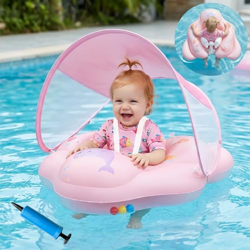 Olycism Flotador Bebe con Sombrilla UPF50+ Materiali adatti ai Bambini Flotador con Sombrilla para Bebe Bomba de Aire y Parches Capacidad de Carga máxima 20 kg Rosa pálido