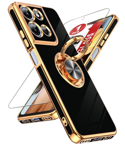 LeYi for Moto-G-5G-2025 Case: 【𝐍𝐨𝐭 𝐅𝐢𝐭 𝐆 𝐏𝐨𝐰𝐞𝐫 𝟐𝟎𝟐𝟓】 1 Pack Tempered Glass Screen Protector and 360° Rotatable Ring Holder Magnetic Kickstand, Plating Rose Gold Edge Case, Black