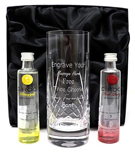 Personalised Engraved Crystal Highball Glass & Miniature Vodka (Pineapple & Red Berry Flavoured Vodka, Silk Lined Gift Box)