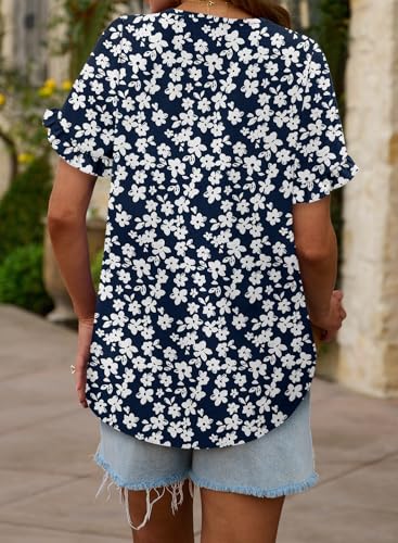 CRAZY GRID Women's Shirts Summer Casual Crewneck Ruffle Short Sleeve Blouses Cute Floral Print Tunic Tops