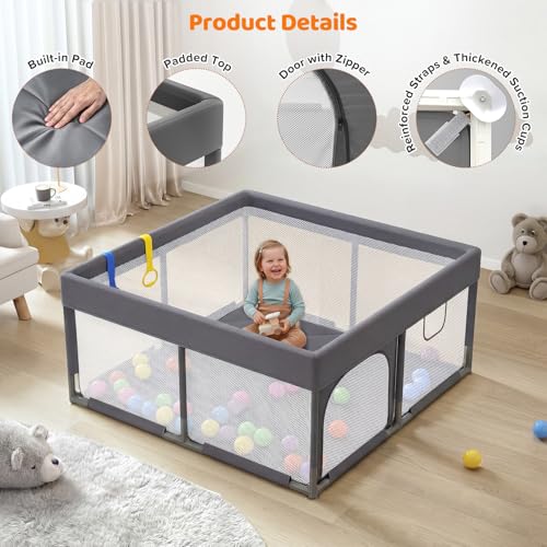 Image of Dripex Baby Playpen, 47 inchx47 inch Small Play Pen for Babies, Dark Grey | With Buildmat /Colorful Balls /Pull up Rings, Breathable Visible Mesh, Easy Setup, Indoor /Outdoor Use