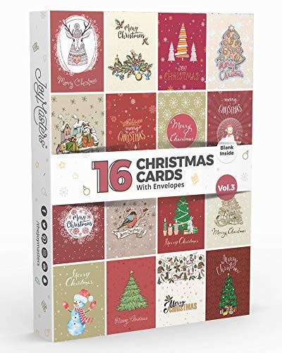 Joy Masters™ Biglietti di Buon Natale Assortiti – Set di 16 Biglietti d’Auguri con Busta – Interno Bianco - per Bambini e Adulti