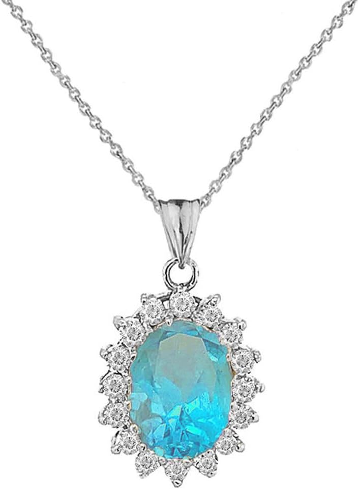 Personalized Oval Birthstone and Halo Cubic Zirconia Fancy Charm Pendant Necklace in 10k White Gold
