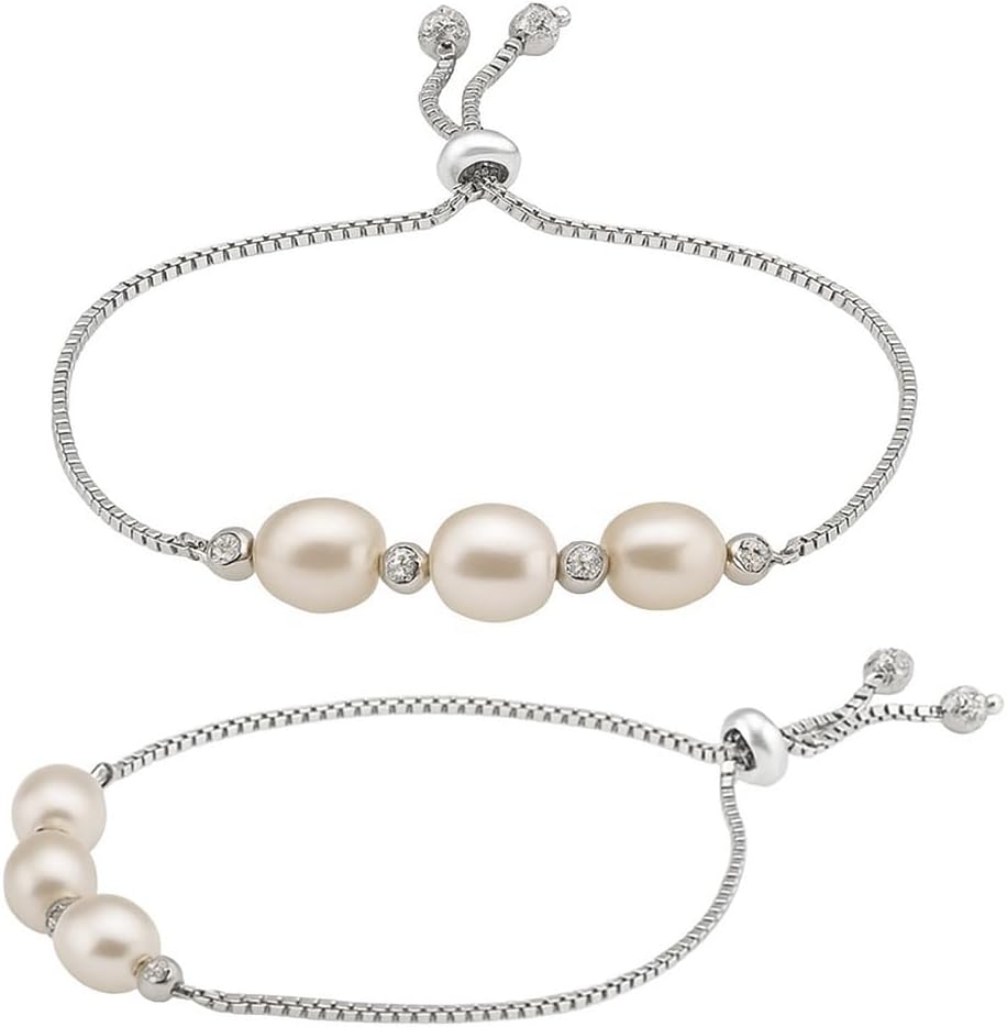 Belacqua Oval Cultured Freshwater Pearl Beads Bolo Bracelet in Sterling Silver, Pearl Size 7.50 to 8.50mm, Fashion Jewelry for Women, Gift Box Included - Image 3