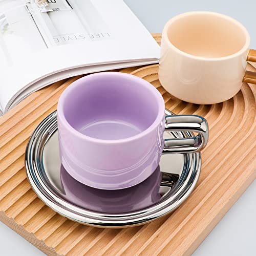 Veisky Contrasting Color Ceramic Coffee Cup Nordic Simple Afternoon Tea Cup Korean Coffee Cup And Saucer,8.4 Oz/250 Ml Ceramic Mug Set (Purple And Silver) #TOP5