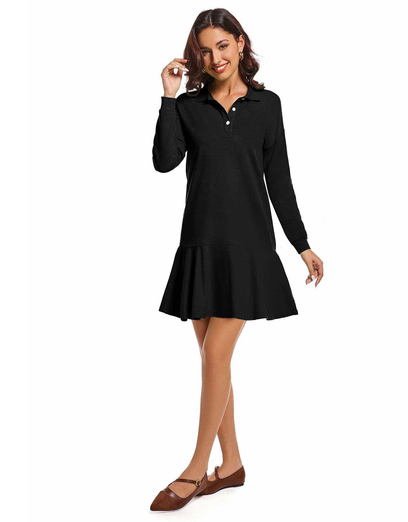 YEXPINE Mini robe polo à manches longues et col en V avec ourlet à volants pour femme