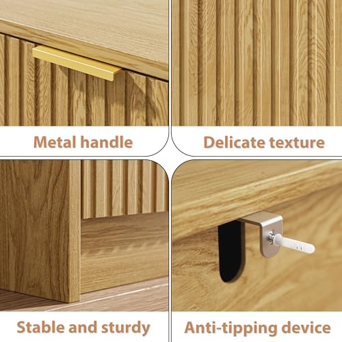 Image of MAISONARIA 6 Drawer Dresser for Bedroom, 55 inch Wide Modern Chest of Drawers with Gold Metal Handles, Fluted Wood TV Stand for Living Room, Hallway, Natural