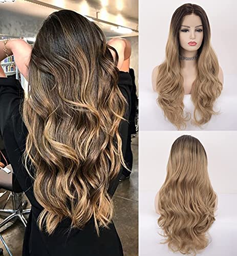 LEMEIZ Mixed Golden Blonde Wigs for Women Synthetic Hair Lace Front Wig Ombre Dark Brown to Blonde Lace Wig Wavy Hair Long Wigs with Middle Part LEMEIZ-003 Cover
