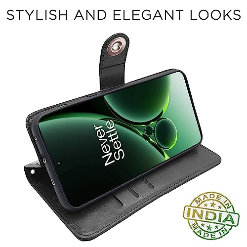 Image of Pikkme OnePlus Nord 3 5G Flip Cover Leather Finish | Inside TPU with Card Pockets | Wallet Stand and Shock Proof | Complete Protection Button Flip Case (Black)