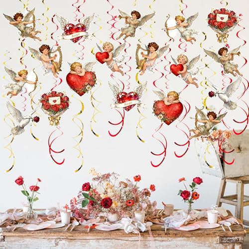 Image of Valentine's Cupid Party Streamers, 48 PCS Romantic Hanging Swirl Decorations - Angel, Heart & Rose Motifs for Valentine's Day, Weddings & Anniversary Parties