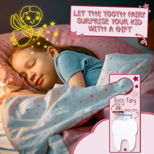 Image of DoubleFill Fairy Tooth Gift Holder Bag Door Hanger Lost Teeth Keepsake Box Tooth Fairy Kit Stores Back to School Gift for Lost Teeth Boy Girl Primary School Classroom Gifts(Fresh,Pink)