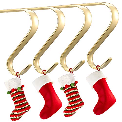 Oubomu Zinc Alloy Christmas Stocking Hangers for Mantel Set of 4, Fireplace Adjustable Stocking Holders with Non-Skid Mat, Christmas Decoration Necessary, Bright Gold