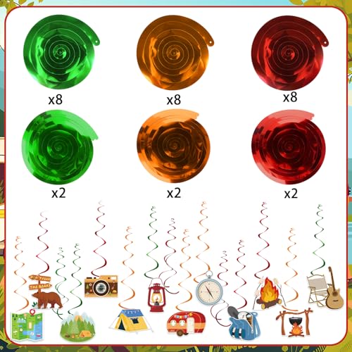 Image of 54Pcs Camping Hanging Swirls Party Decorations Camping Themed Birthday Party Decorations Ceiling Hanging Decor for Classroom Outdoor Hiking Summer Camp Adventure Swirl Streamers