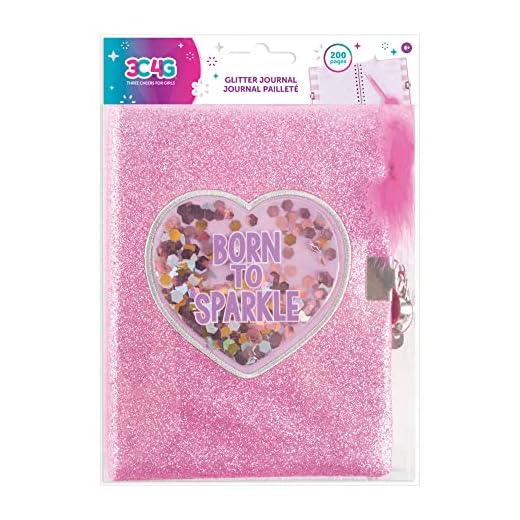 Three Cheers for Girls by Make It Real - Born to Sparkle Confetti Locking Journal - Secret Diary for Girls with Lock & Key - Lined Pink Notebook & Fluffy Feather Pen - Lockable Journal Stationery Set