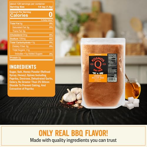 Kosmos Q Honey Killer Bee BBQ Dry Rub, Sweet Seasoning with Brown Sugar, Honey, Garlic & Paprika for Chicken, Pork, Turkey, Ribs, Wings and More, Dry Rub for Smoking & Grilling Meat, 16 Oz Bag