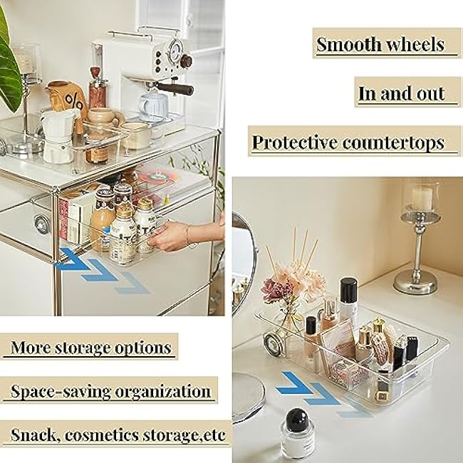 Attelite RollOut Refrigerator Drawer Organizer and Storage Clear Design with Dividers, Fridge Organizer on Wheels, Upgrade Thick Plastic Pantry Storage Bins, Kitchen Organization 2 Set