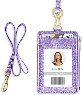 ID Badge Holder with Lanyard, Vertical Bling Shiny ID Badge Card Holder with 1 Clear ID Window, 4 Credit Card Slots, 1 Cash Coin Slot and a Detachable Neck Lanyard (Bling Purple)