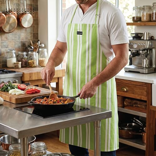Image of Encasa XO 100% Cotton Apron Set for Women & Men with Adjustable Apron, Oven Gloves & Pot Holder (Pack of 3) Combo, Heat-Resistant, Soft & Durable for Cooking, Baking & Grilling (Franca Lime Stripes)