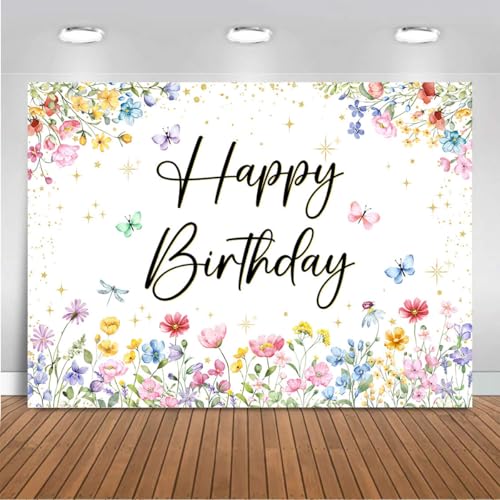 Mocsicka Wildflower Birthday Backdrop Girls Floral Wildflower Birthday Decorations Spring Garden Butterfly Flower First Birthday Banner Background Decorations (7x5ft (82x60 inch))