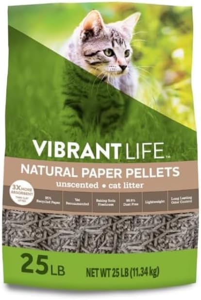 Vibrant Life Natural Paper Pellets Cat Litter, Unscented & 99% Dust-Free, Highly Absorbent Recycled Paper for Cats and Small Pets ~ Pack of 1. 25 lb Bag -
