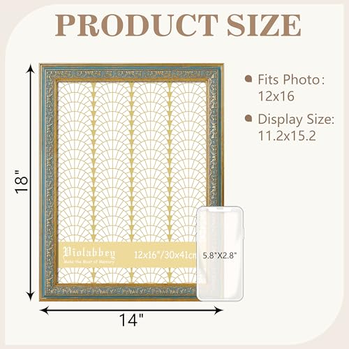 Image of VIOLABBEY 12x16 Picture Frame Blue, Vintage Frames Ornate without Mat | Ornate Antique Frame, Fits 12x16 Photos for Wall Hanging, HD Plexiglass, Wall Decor