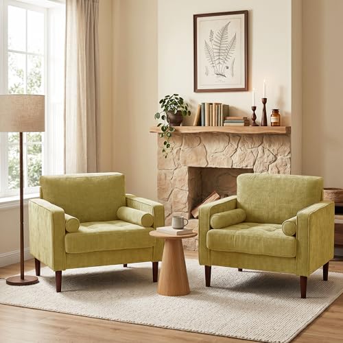 Image of Accent Chairs Stet of 2, Chenille Upholstered Armchairs for Living Room, Comfy Single Sofa Bedroom Reading Seat with 2 Bolster Pillows, Yellow