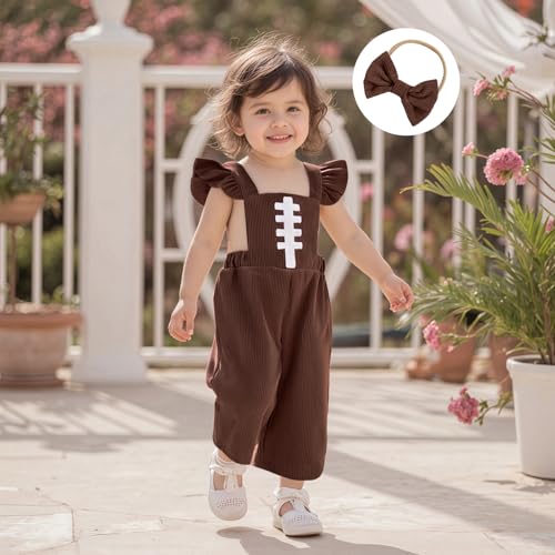 Toddler Baby Girl Clothes Bib overall Romper Football Embroidery One Piece Outfit Headband Set2