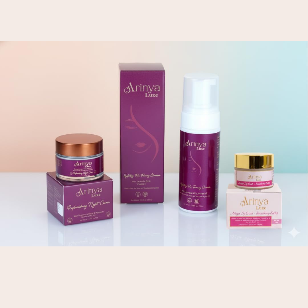 Arinya Luxe Premium Skincare Combo Set, 3-Step Daily Routine with Foaming Face Cleanser, Night Cream, Strawberry Sorbet Lip Balm-image-3
