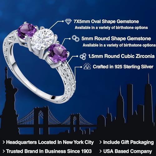 Gem Stone King 1.97 Cttw 925 Sterling Silver Purple Amethyst and Moissanite 3-Stone Engagement Ring For Women | 3 Stone Wedding Anniversary Promise Ring For Women | Size 5,6,7,8,92