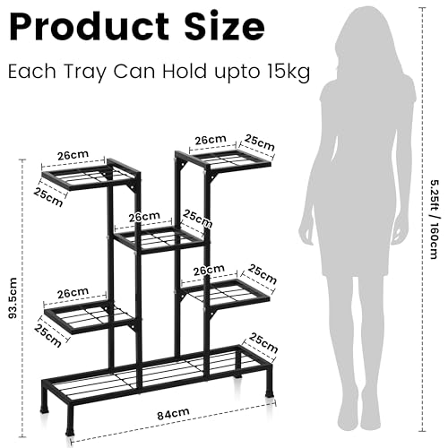 Image of Livzing Heavy Duty Metal Plant Stand for Indoor & Outdoor Use | 8 Tier Multi-Level Flower Pot Stand | Powder Coated Rustproof Iron | 15 kg Load per Tray | Balcony, Living Room, Garden (Black)
