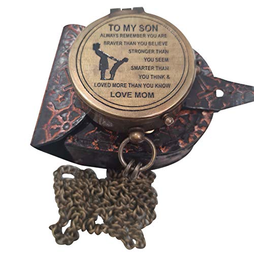 Nautical Maritime Quote Engrave Pocket Brass Compass to My Son with Leather Case Outdoor Navigation Gift Love Mom