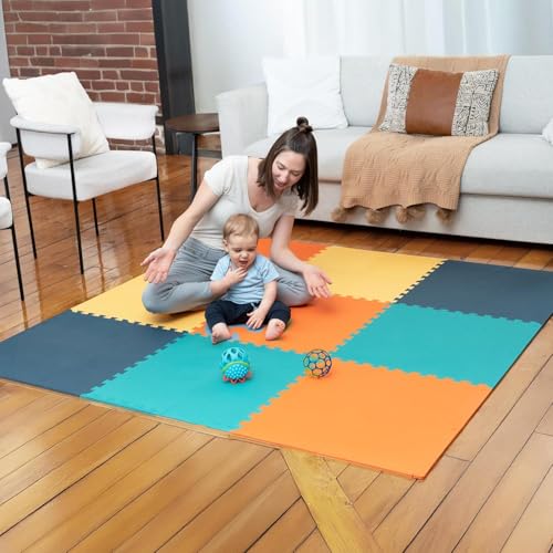 Image of MioTetto Foam Floor Tiles for Kids - Non-Toxic Comfortable Baby Play Mat and Interlocking Foam Tiles, Fits with 74x74 Playpen Mat for Crawling & Development, Soft Play Mat for Babies 6-12 Months