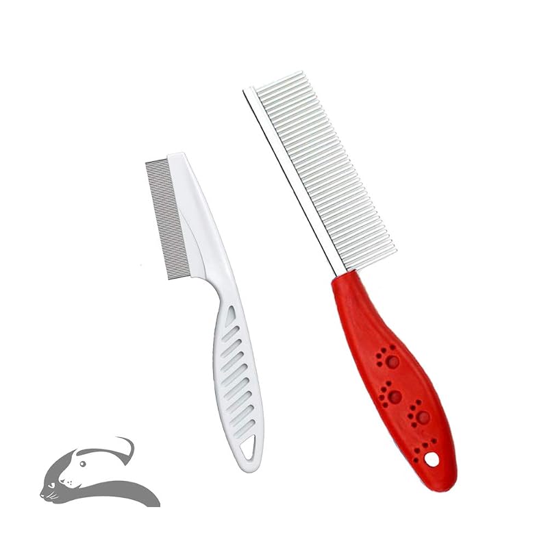 Pente para Cães e Gatos com Dentes de Aço Inoxidável, Antiderrapante, Vermelho, Pacote com 2