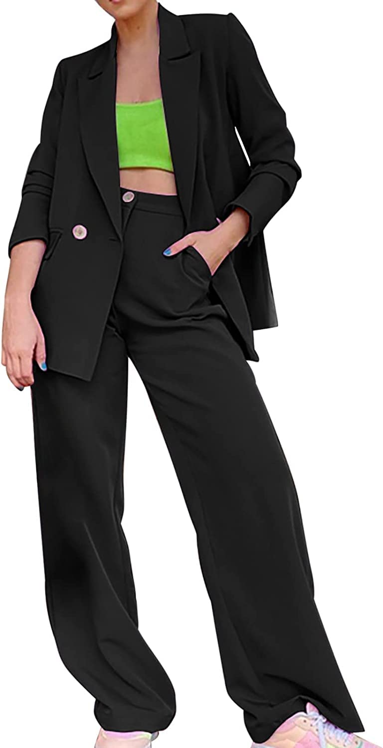 Las Mujeres Sueltas Traje de Dos Piezas de Manga Larga Chaqueta de Botones de Talle Alto Pantalones de Trabajo de Negocios Chaqueta de Traje de Chaqueta de Traje de Oficina