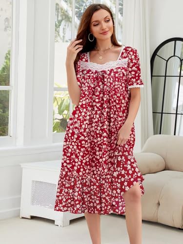 Image of CRIPOM Long Nightgowns for Women Lace Collar Floral Print House Dresses with Pockets S-3XL
