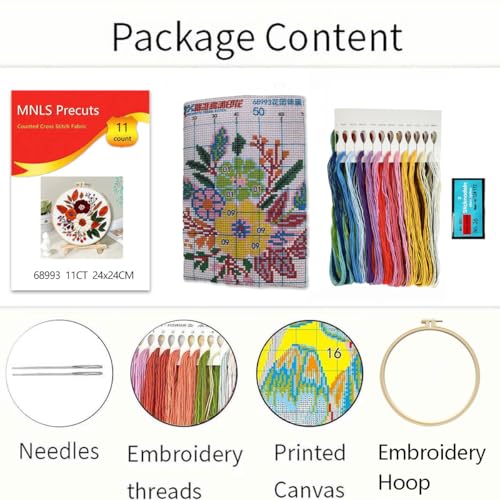 Image of Zhenqing Floral Bouquet Cross Stitch Kit for Beginners - Complete Set with Pre-Printed 11CT 24x24cm Fabric, Hoop & Threads (68993)
