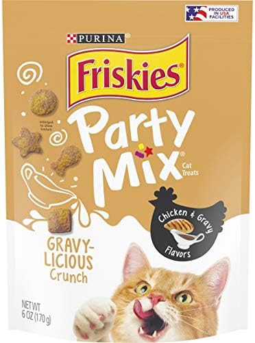 Purina Friskies Made in USA Facilities Cat Treats, Party Mix Crunch Gravylicious Chicken & Gravy Flavors - (6) 6 oz. Pouches