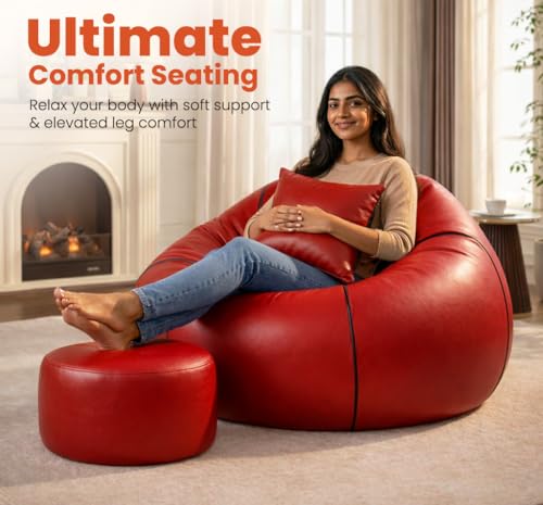 Image of Sattva Piping 5XL Sofa Style Bean Bag Chair with Beans Filled, Faux Leather Bin Bags Sofa Combo + Footstool & Cushion, Beanbags for Adults & Teens, Beans Bag with Beans - Red with Black Piping