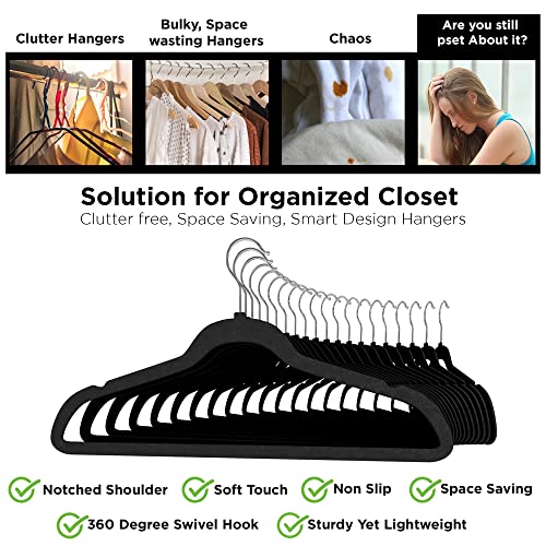 Techzoo 50 Pack New Premium Quality Velvet Hangers Ultra Thin Non Slip Adult Felt Space Saving Hangers For Closet Heavy Duty Coat Pants Jackets Dress Hangers 360° Swivel Hook Hold Upto 10 Lbs Black #TOP4