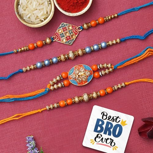 Image of eCraftIndia Set of 4 Blue & Orange Kundan Pearl Designer Rakhis, Best Bro Ever Fridge Magnet with Roli Chawal Pack - Rakhis for Brother
