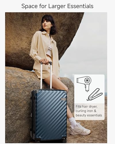 Image of LUGGEX Carry On Luggage for Airplanes, KVC Polycarbonate Hard Shell Suitcase for Travelling, Navy, Checked-Medium 24-Inch, Solid
