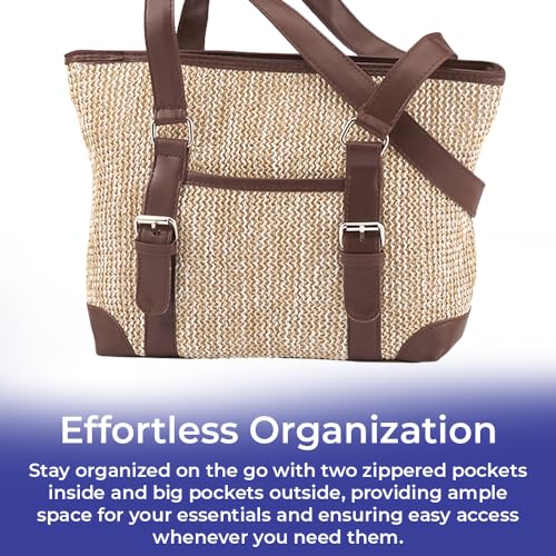 Woven Straw Handbag for Women, Purse for Summer and Beach, Shoulder Bag with Multiple Pockets, Top Zip Closure4