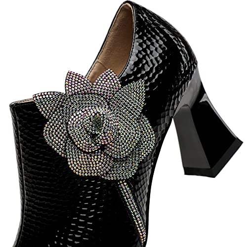 TinaCus Women's Pointed Toe Patent Leather Handmade Flower Décor Side Zip Up Mid Chunky Heels Pumps Shoes4