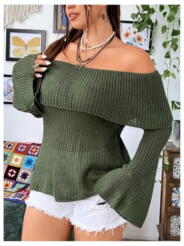 Image of MakeMeChic Women's Plus Size Off Shoulder Flounce Sleeve Sweater Loose Knit Pullover Tops Army Green 3XL