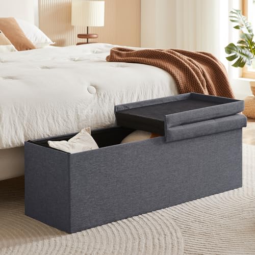 Zedelmaier Sitzbank mit Stauraum, Sitzhocker Faltbar Sitztruhe belastbar bis 300 kg, Deckel klappbar, klappbare Sitztruhe für Wohnzimmer, Flur, Schlafzimmer, 114x38x38 cm, Dunkelgrau