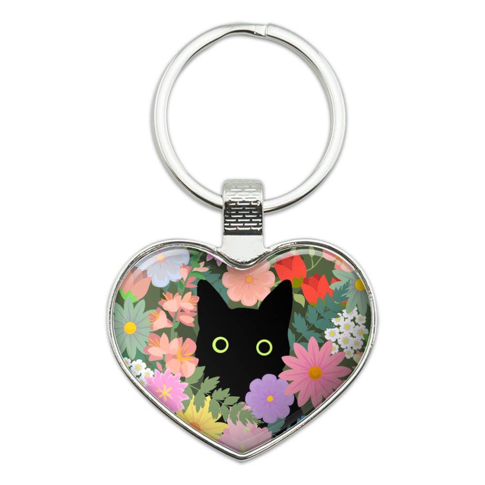 Black Cat Hiding in Spring Flowers Keychain Heart Love Metal Key Chain Ring