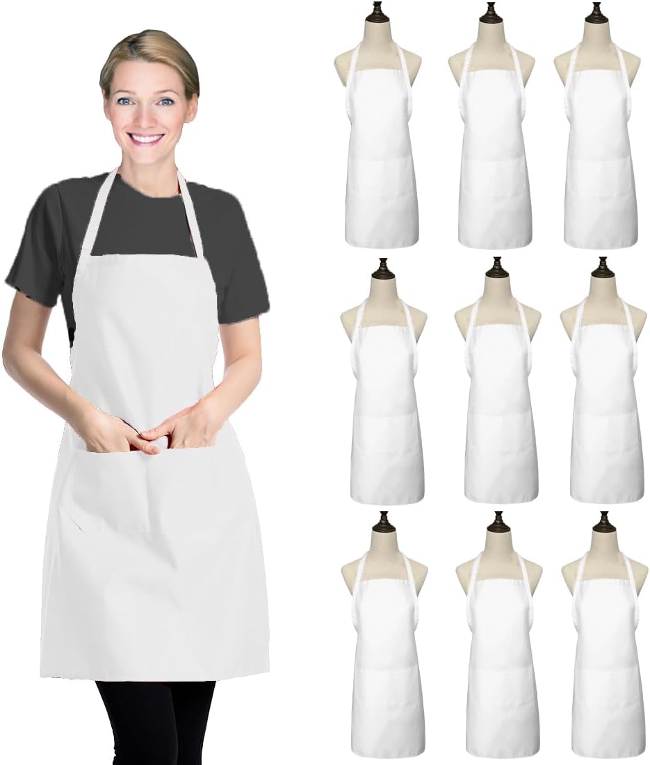 White Bib Apron for Women Adult Girls Ladies with Pockets - Kitchen Aprons Bulk for Cooking Painting BBQ Grilling Baking