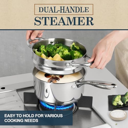 Image of MICHELANGELO 3 Quart Saucepan with Lid & Steamer, Stainless Steel Sauce Pan with Triply Bottom, 3 QT Sauce Pot, Nonstick Saucepan Induction Compatible