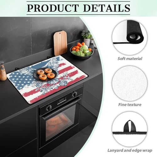 Image of Poceacles Patriotic Stove Top Cover for 4th of July Electric Glass Stove Top Mat Heat Resistant Non-slip Cooktop Protector Counter Top Protector Cover, American Flag Eagle Rose Beige